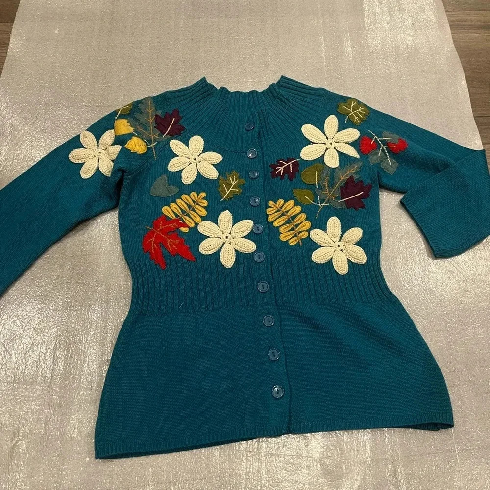 [L]Vintage  Classic Elements Crochet Knit Green Button Floral Sweater Cardigan